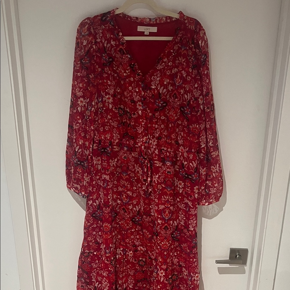 LOFT Red Floral Long Sleeve Dress